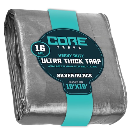 Core Tarps Heavy Duty Tarp, 10 ft L x 0.5 mm H x 10 ft W, 16 Mil, Silver/Black, Polyethylene CT-301-10X10